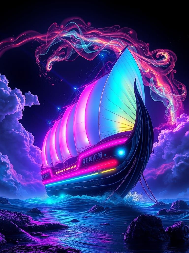 Futuristic Chinese Treasure Vessel in Neon Nebula