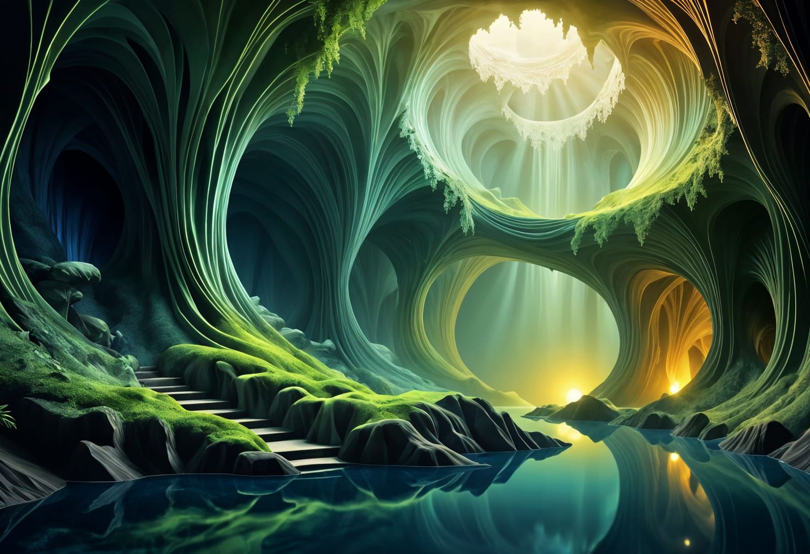 Mysterious Underground Cavern with Lamplit Pool