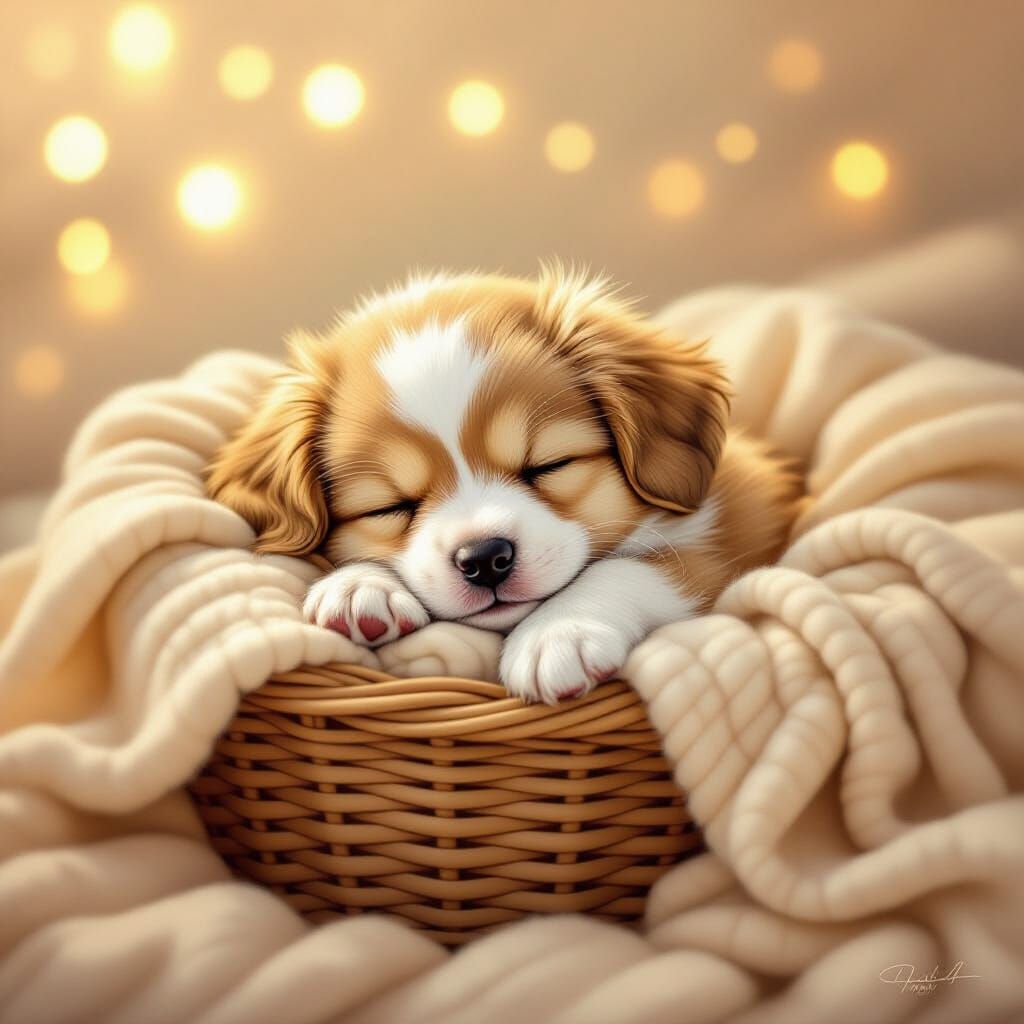 Adorable Fluffy Puppy Sleeping in Cozy Basket