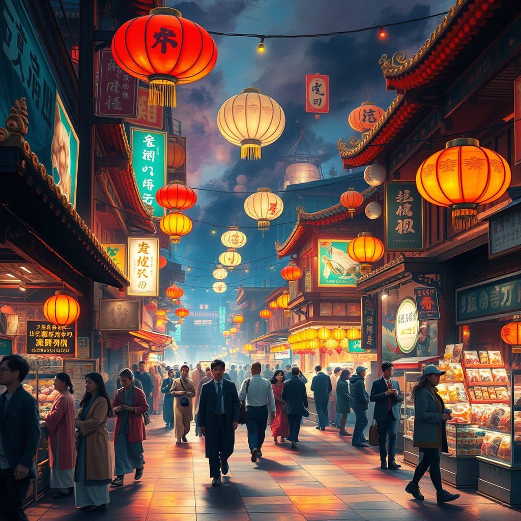 Bustling Night Market Scene with Vibrant Lanterns and Neon S...