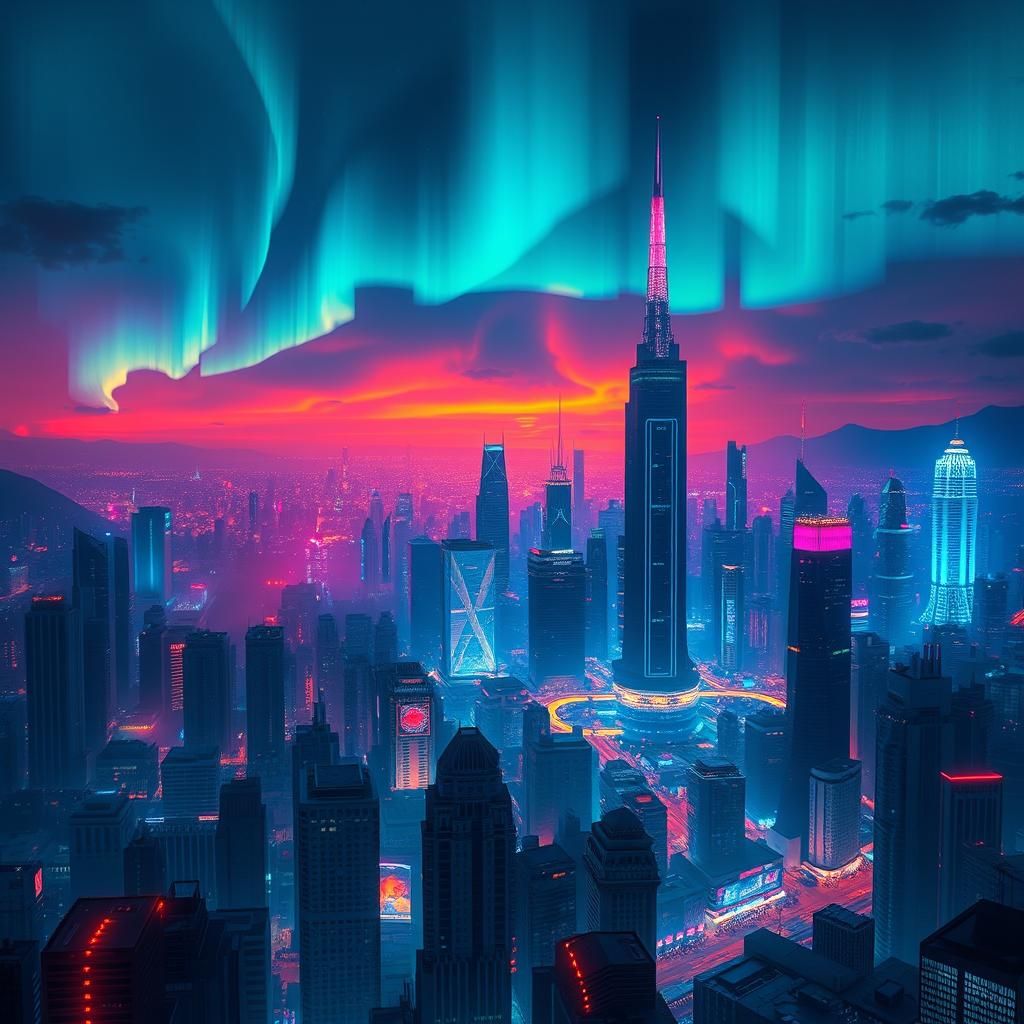 Neon Metropolis with Aurora Lights in Cyberpunk Style