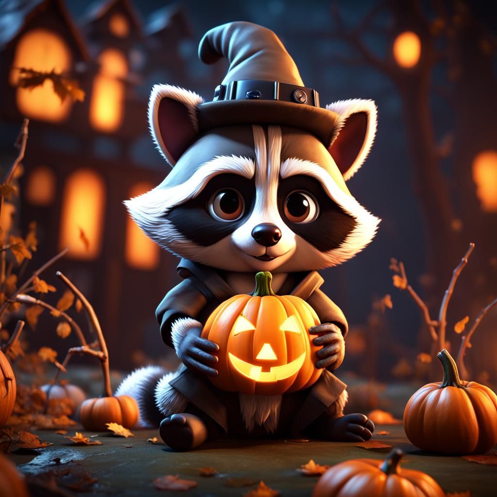 Cute Halloween Raccoon in 3D Game Style
