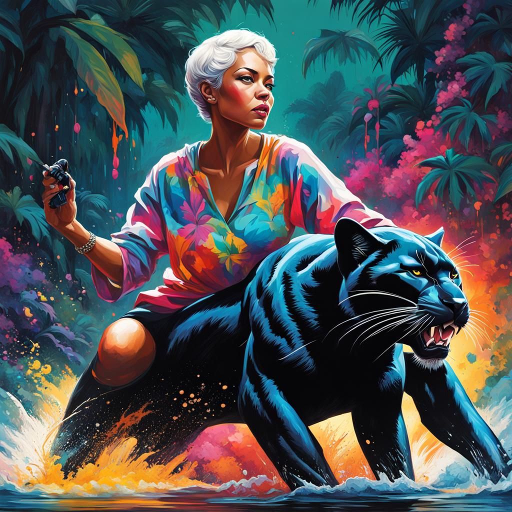 Elder Woman Rides Panther: Graffiti Street Art