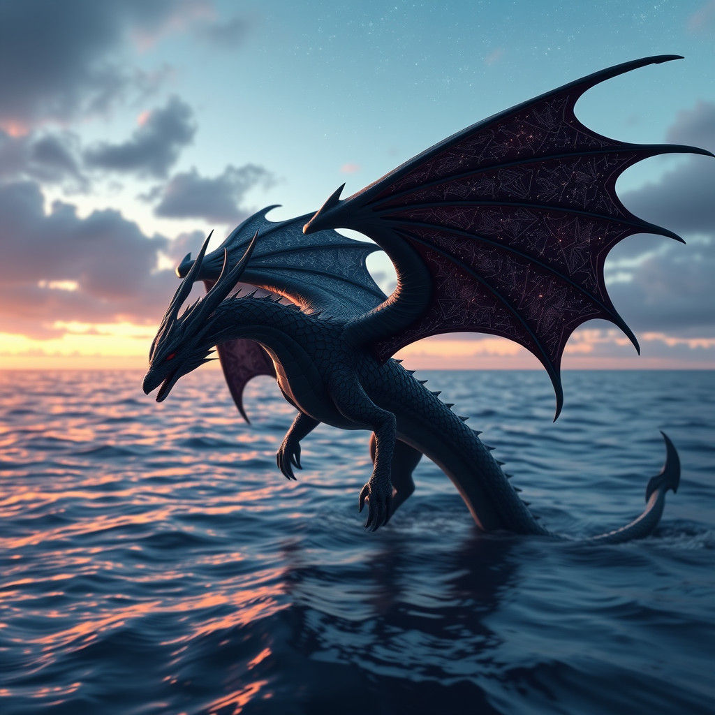 Night Sky Dragon Soaring Over Ocean: 3D Anime Art