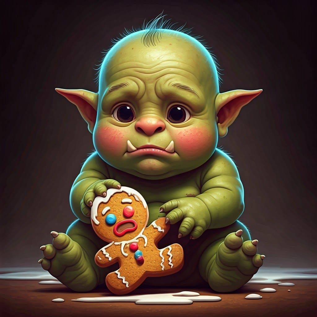 Green Baby Orc Takes a Mischievous Bite of Gingerbread Man