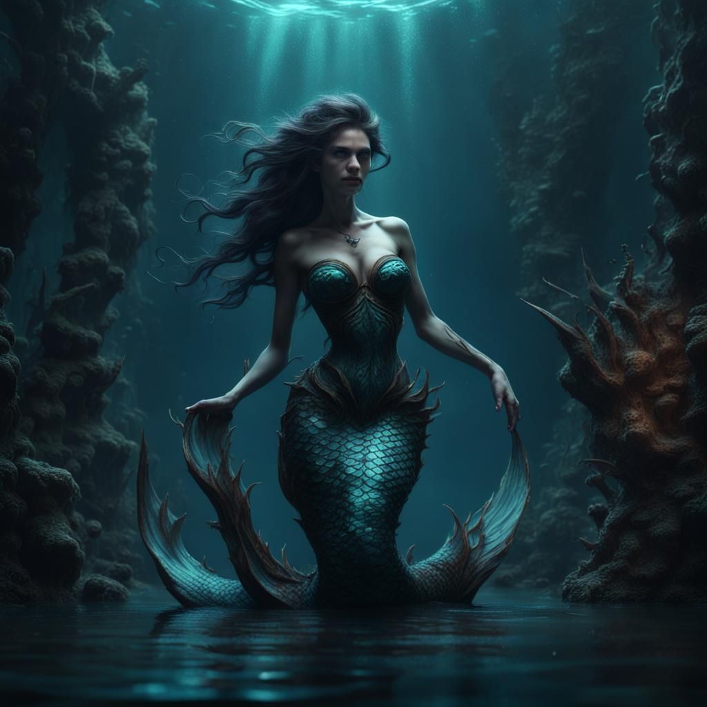Dark Mermaid in Deep Water: Detailed Matte Painting