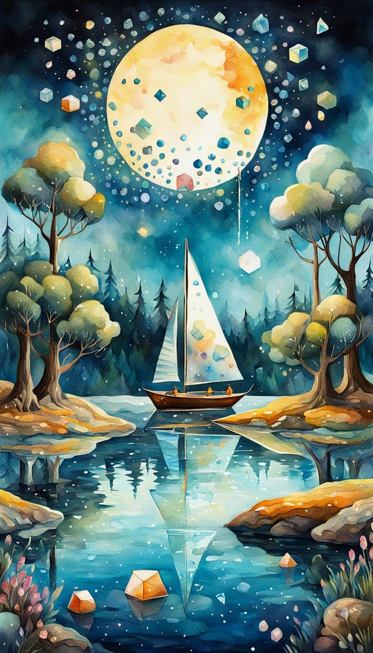 Dreamy Lake Scene in Whimsical Cubist Style