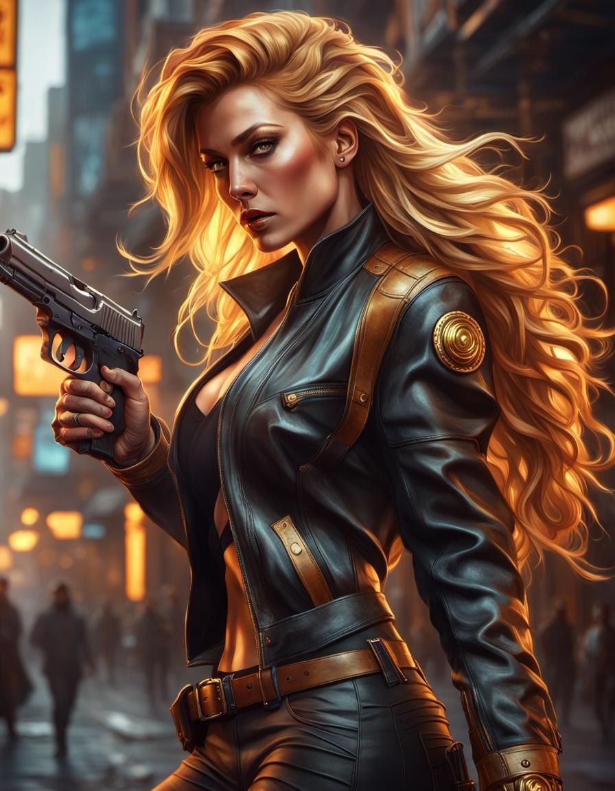 Woman with Gun: Hyperrealistic Digital Portrait
