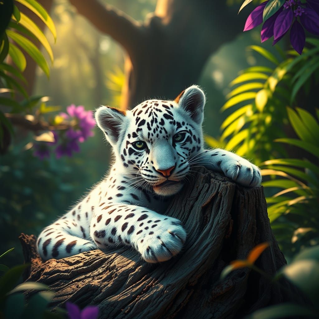 Close-up of a majestic white leopard cub playfully lounging around a gnarled tree stump, amidst the lush foliage of a vi...