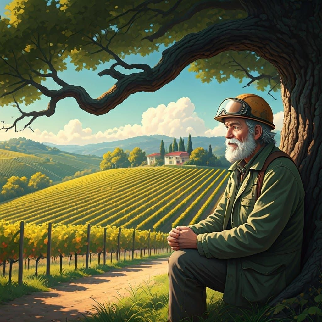 Geologist Resting in Vineyard, Ghibli Anime Style