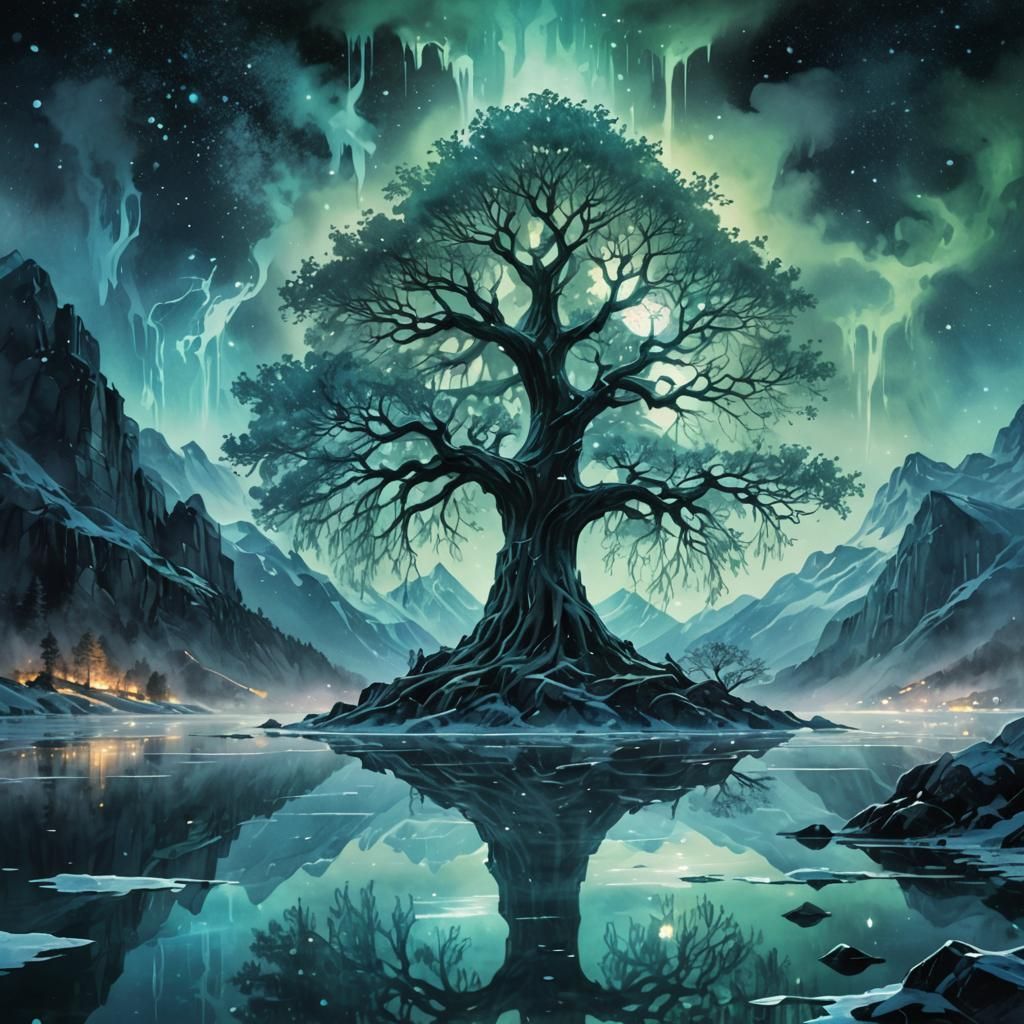 Ethereal Ice Tree on Misty Mountain Lake