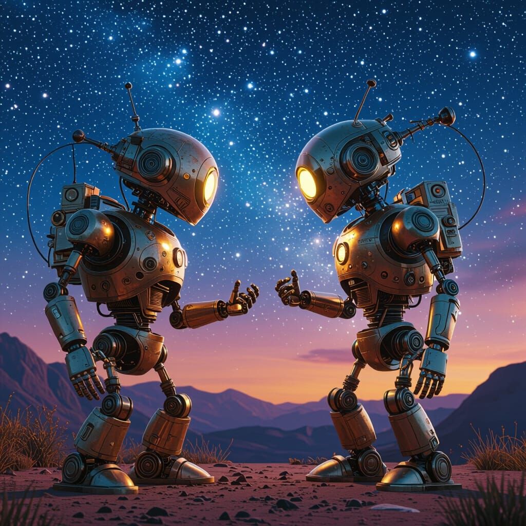 Steampunk Robots Argue Under Starry Sky