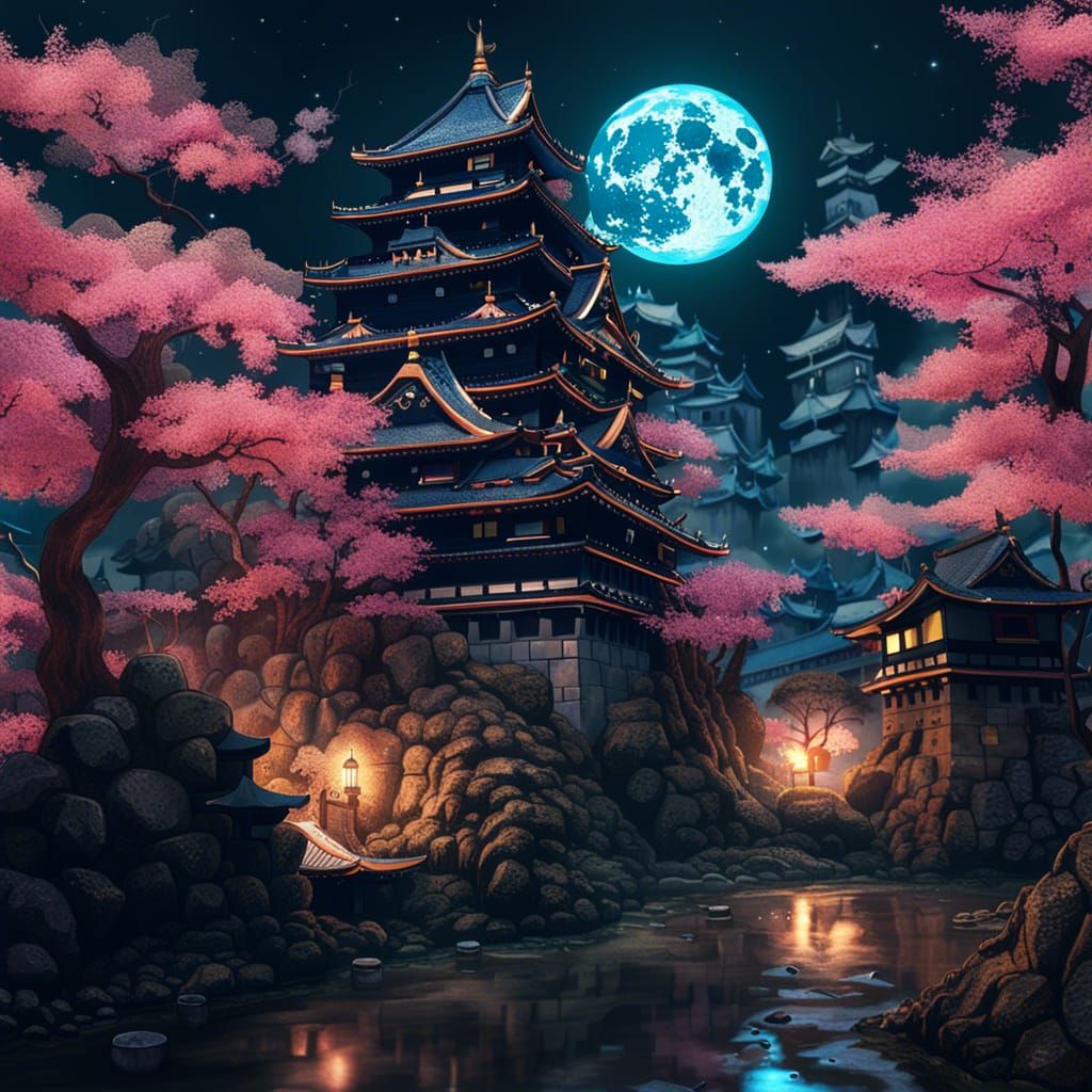 Eldritch Japanese Castle at Night: Aetherpunk Art