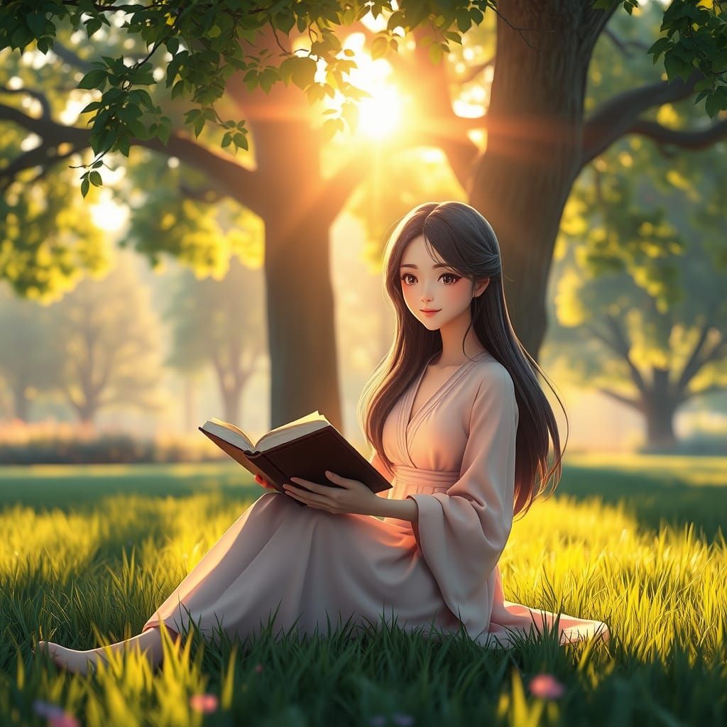 Peaceful Anime Woman in Serene Park Setting