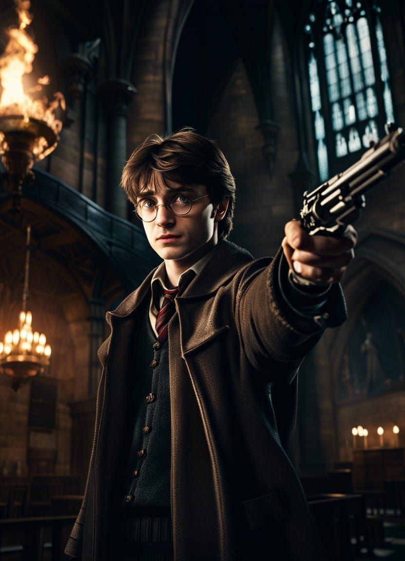 Harry Potter with Revolver in Hogwarts: Hyperrealistic