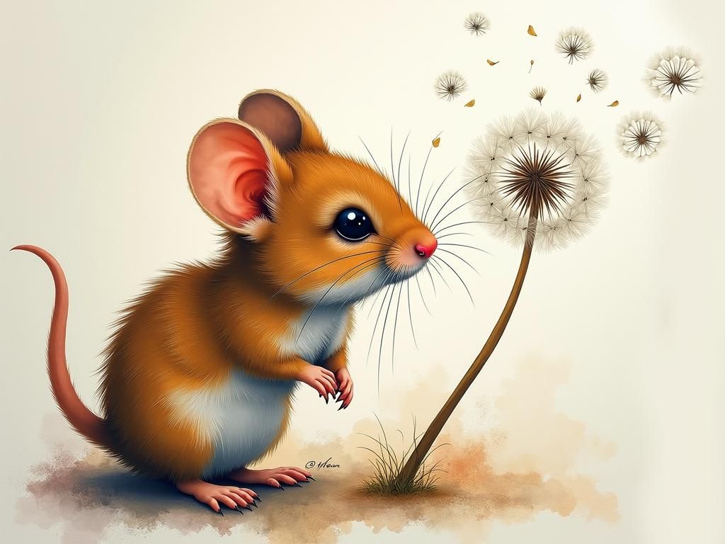 Mouse with Dandelion Seeds in Watercolor Style