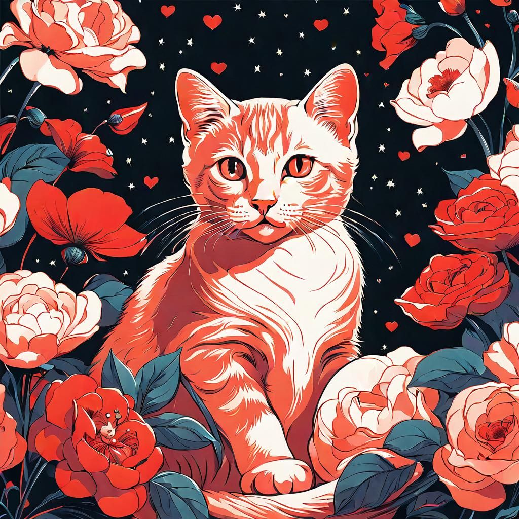 Cute Cat Surrounded by Flowers in Art Deco Style