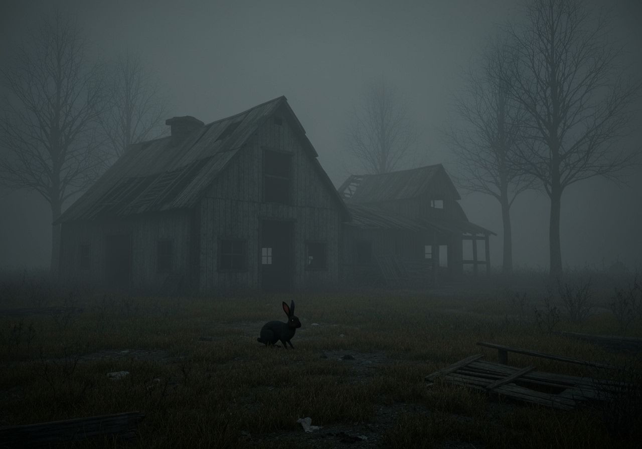 Abandoned Farmhouse Lost in Fog with Black Rabbit