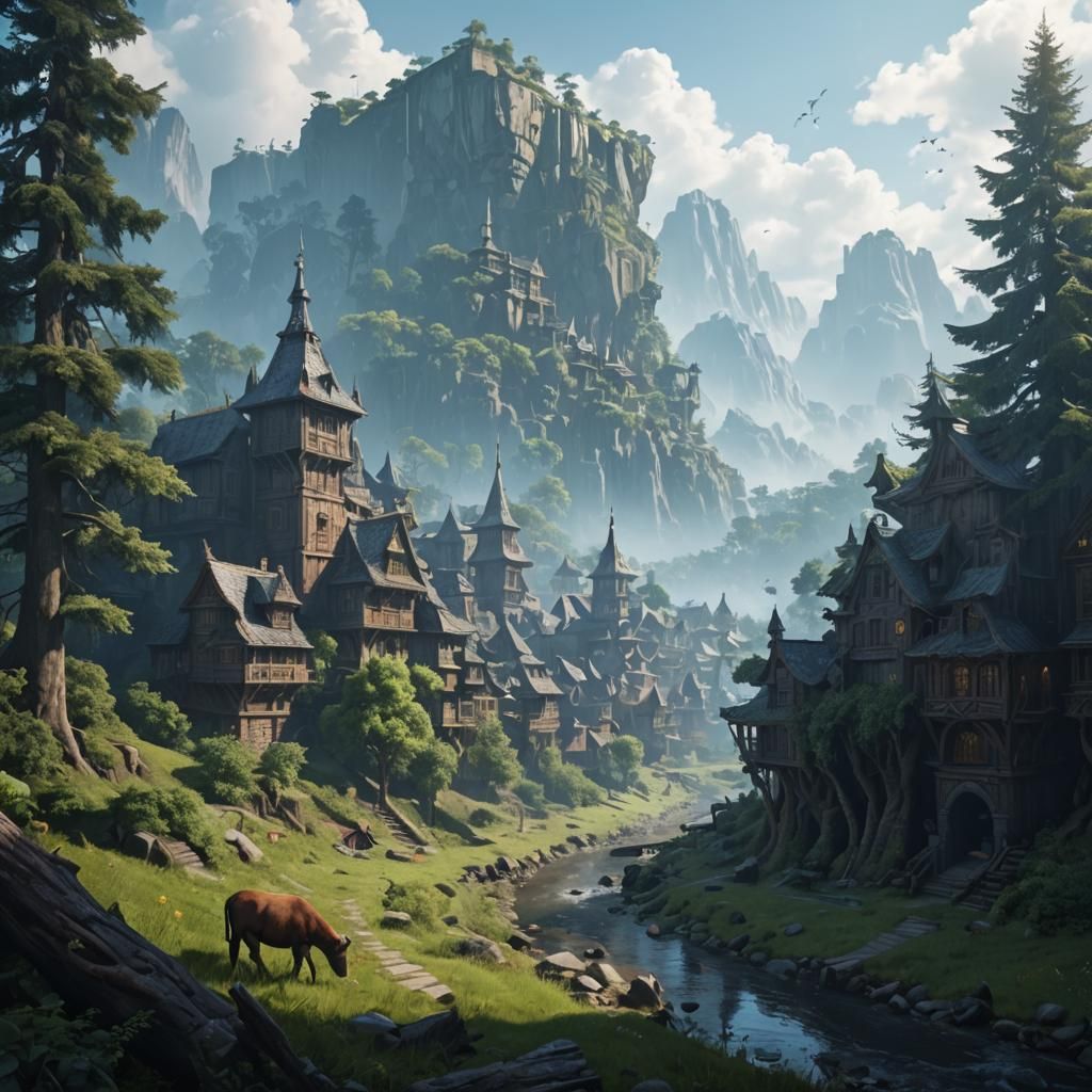 Fantastical Cityscape with Wooden Buildings and Trees