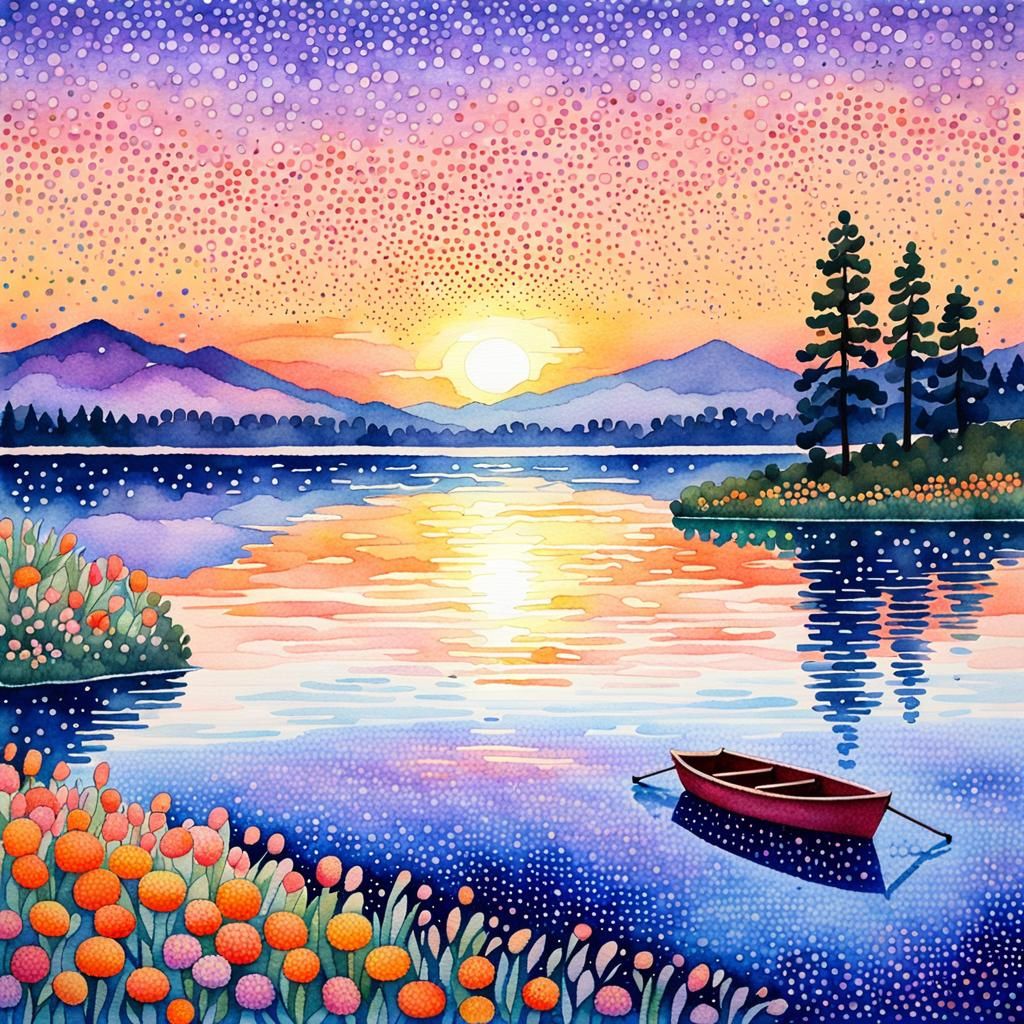 Serene Sunset Landscape in Pointillism Watercolor
