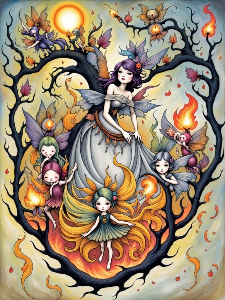 <lora:Flame Dusklings:1.0> Fire fairy folk frolic in a blaze