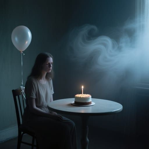 Melancholic Solitude: Woman and Birthday Cake in Dim Room