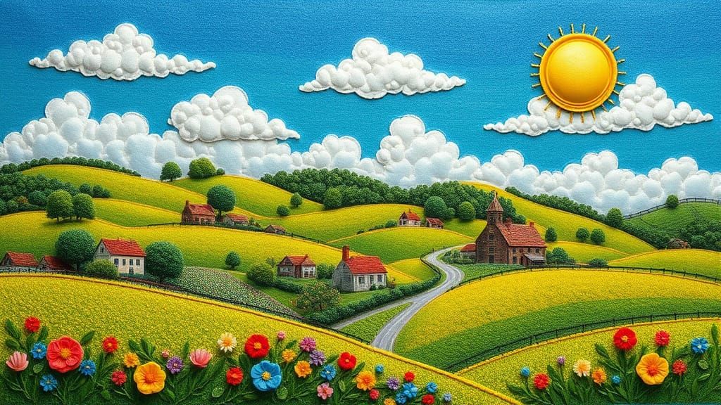 Vibrant Landscape with Quaint Embroidery Houses