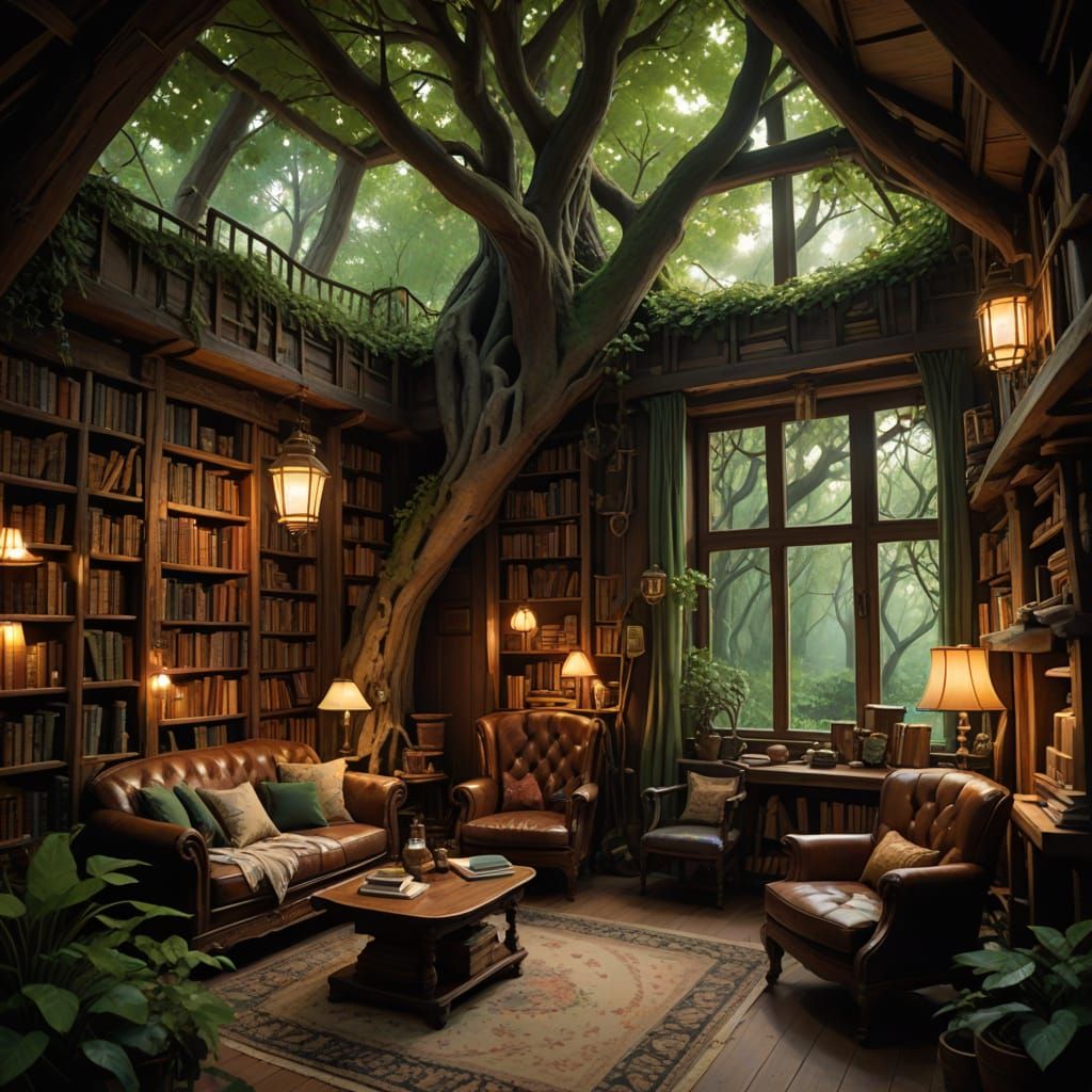 Whimsical Treehouse Library in Miyazaki-Inspired Style