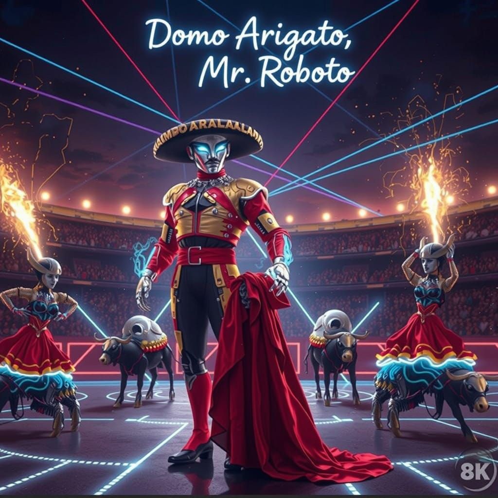 Robot Matador in Cybernetic Bullring, Retro-Futuristic Style