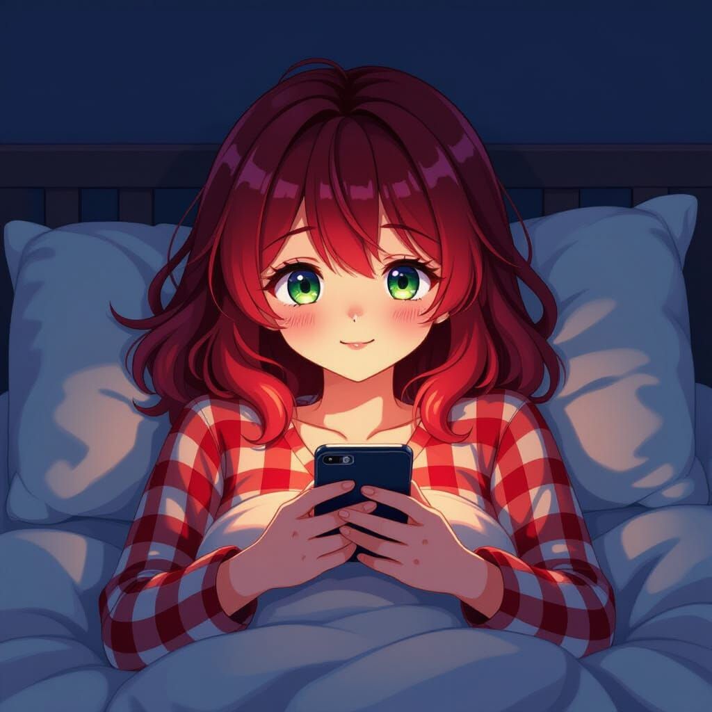 Crimson Haired Woman Sleeping, Cel-Shaded Anime Style