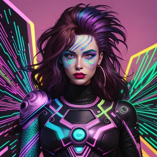 Synthwave Woman with Rainbow Skin and Peacock Feathers