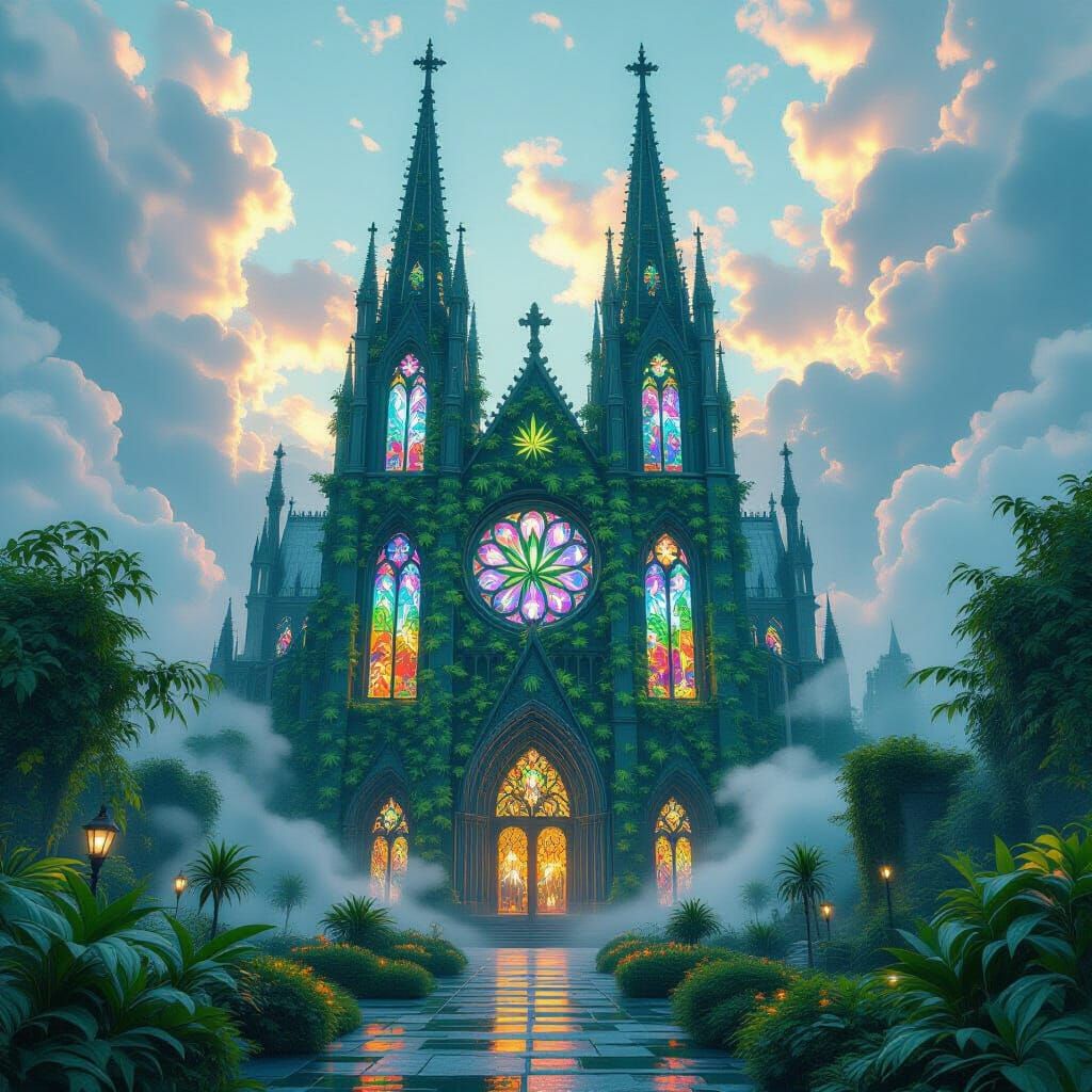 Gothic Cannabis Cathedral with Psychedelic Stained Glass