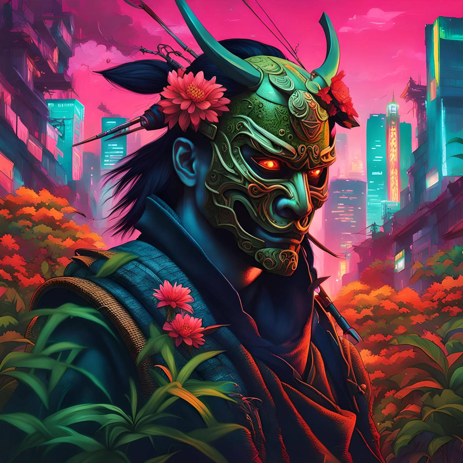 Samurai in Apocalyptic Cityscape with Oni Mask