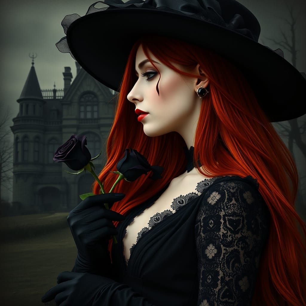 Gothic Woman in Black Lace Dress Holding Rose