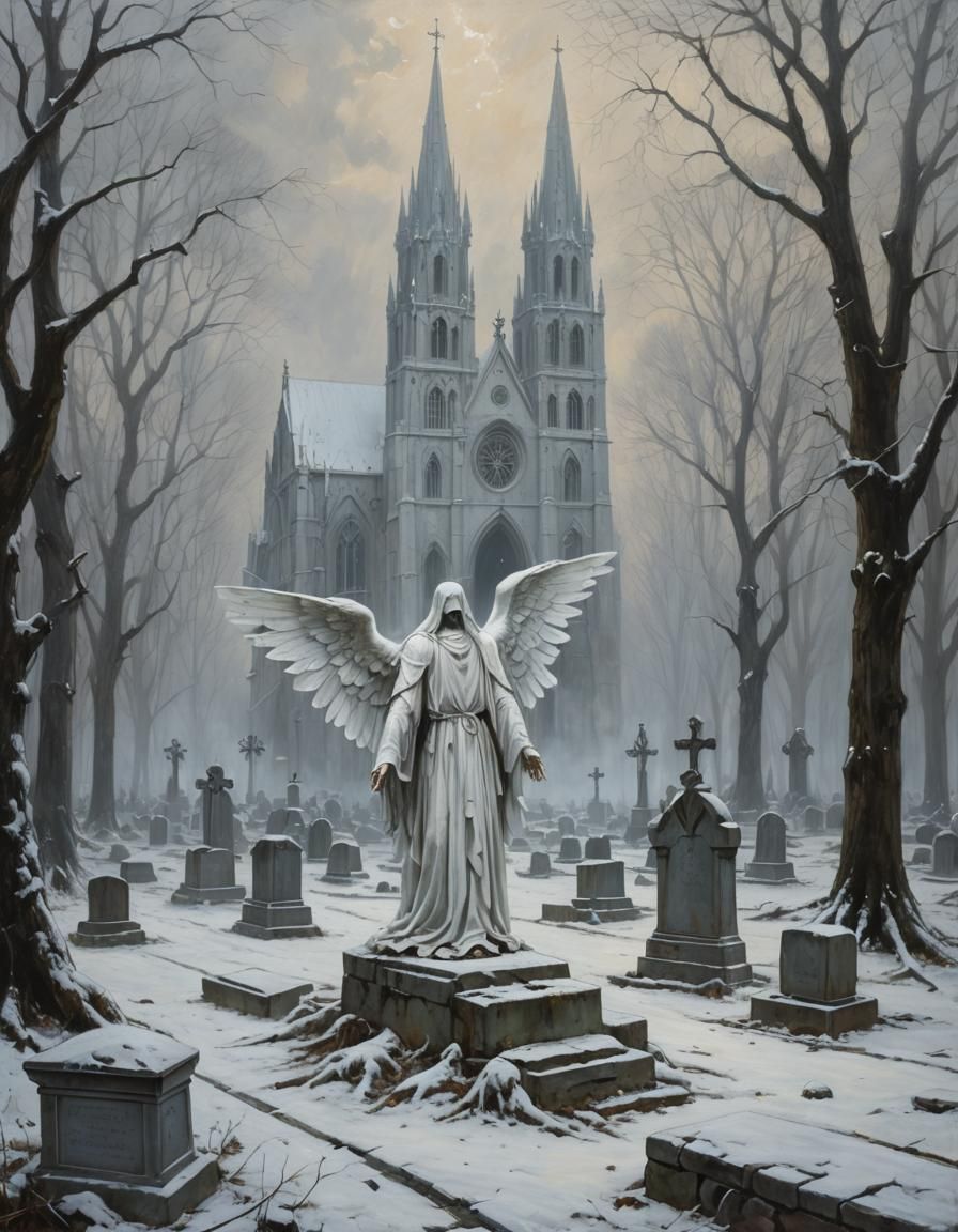 Eerie Graveyard: Weeping Angel in Winter Woods
