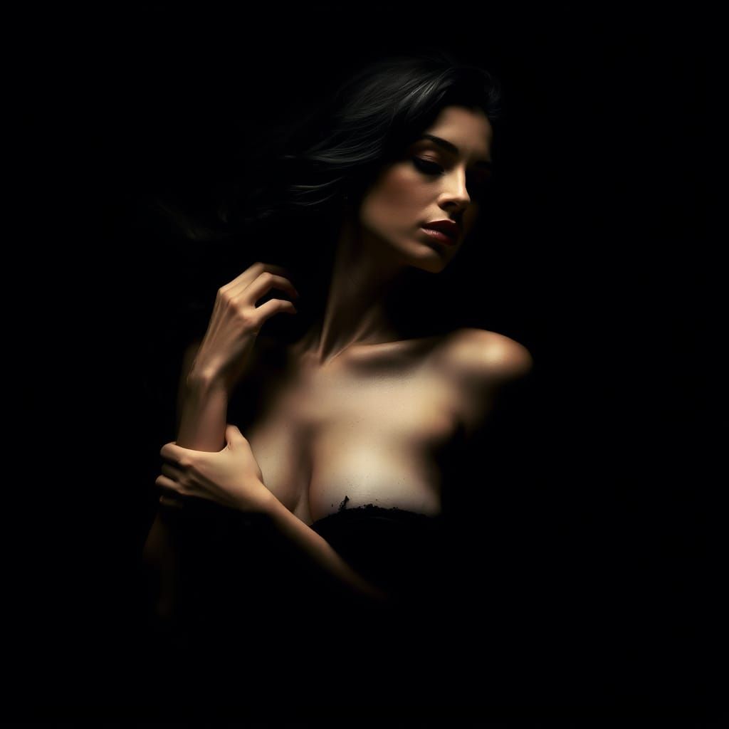 Ethereal Woman Surrendering to Darkness in Dramatic Chiarosc...