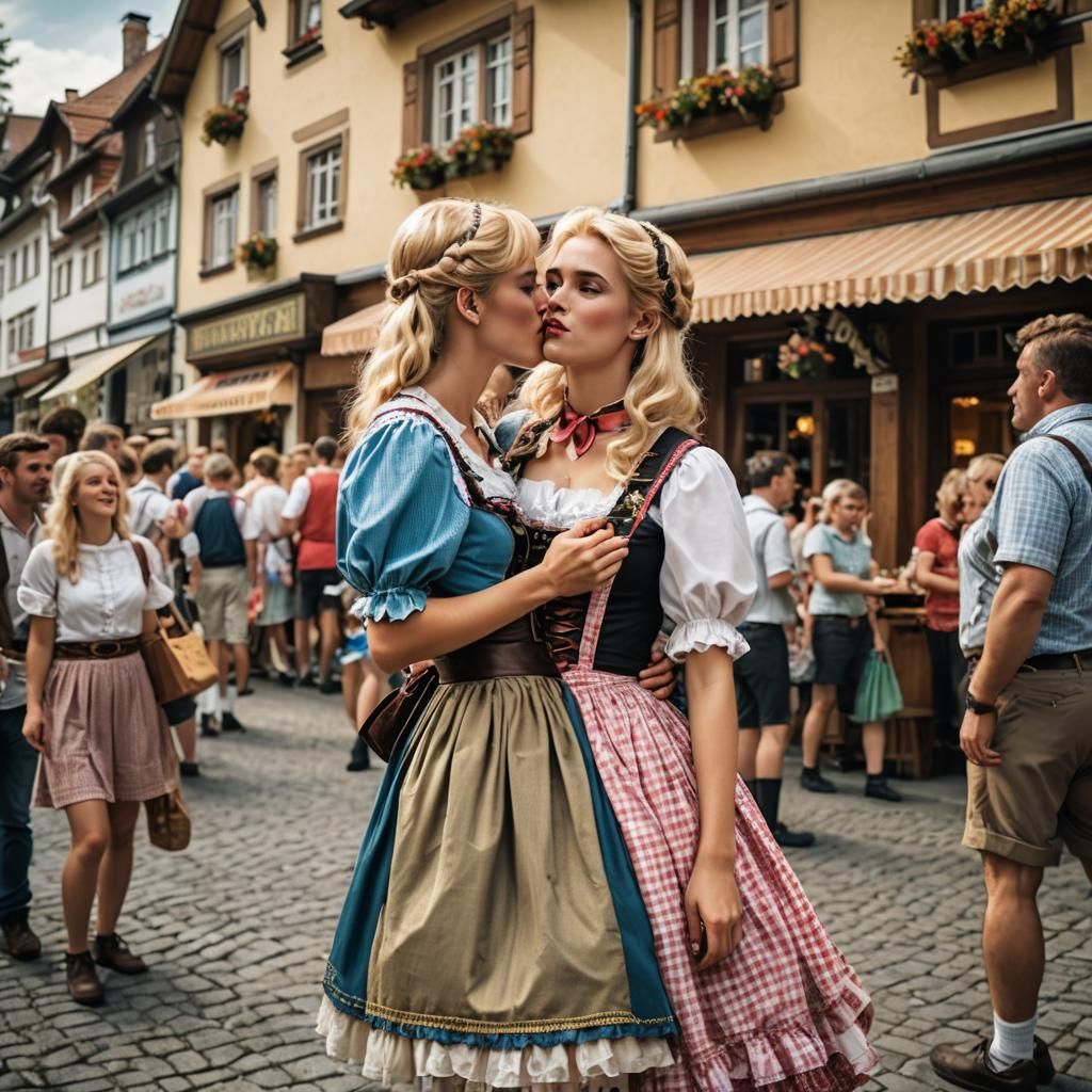 Young Women Kissing in Bavarian Oktoberfest Dress