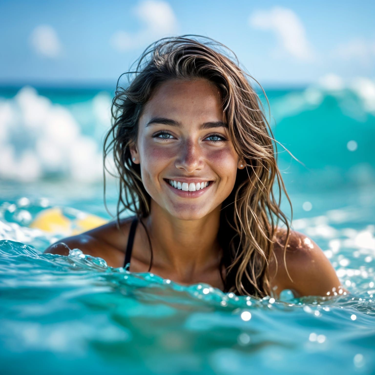 Female Surfer Rides a Wave