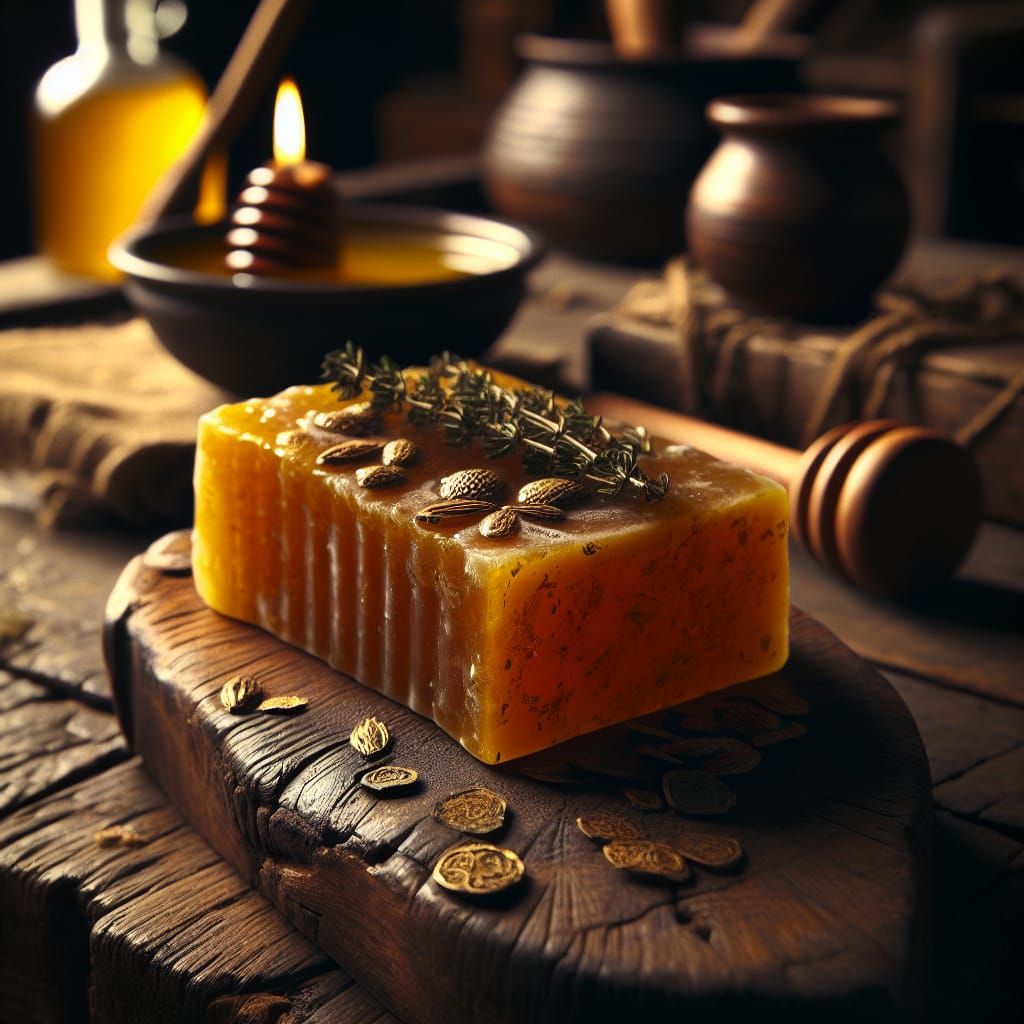 Medieval Honey & Tallow Shampoo Bar on Ancient Wooden Table