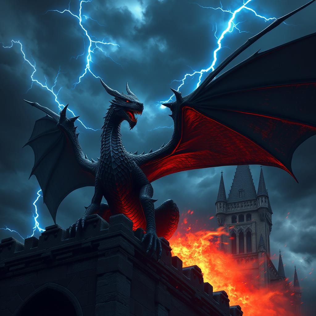 Black Dragon Perched Atop Ruined Gothic Tower