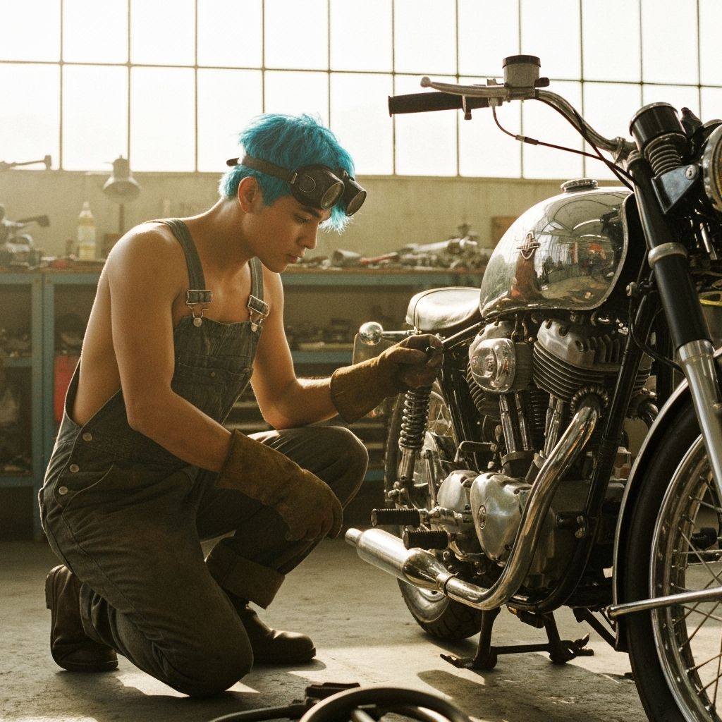 Mechanic Inspecting Chrome Motorcycle as Film Photography
