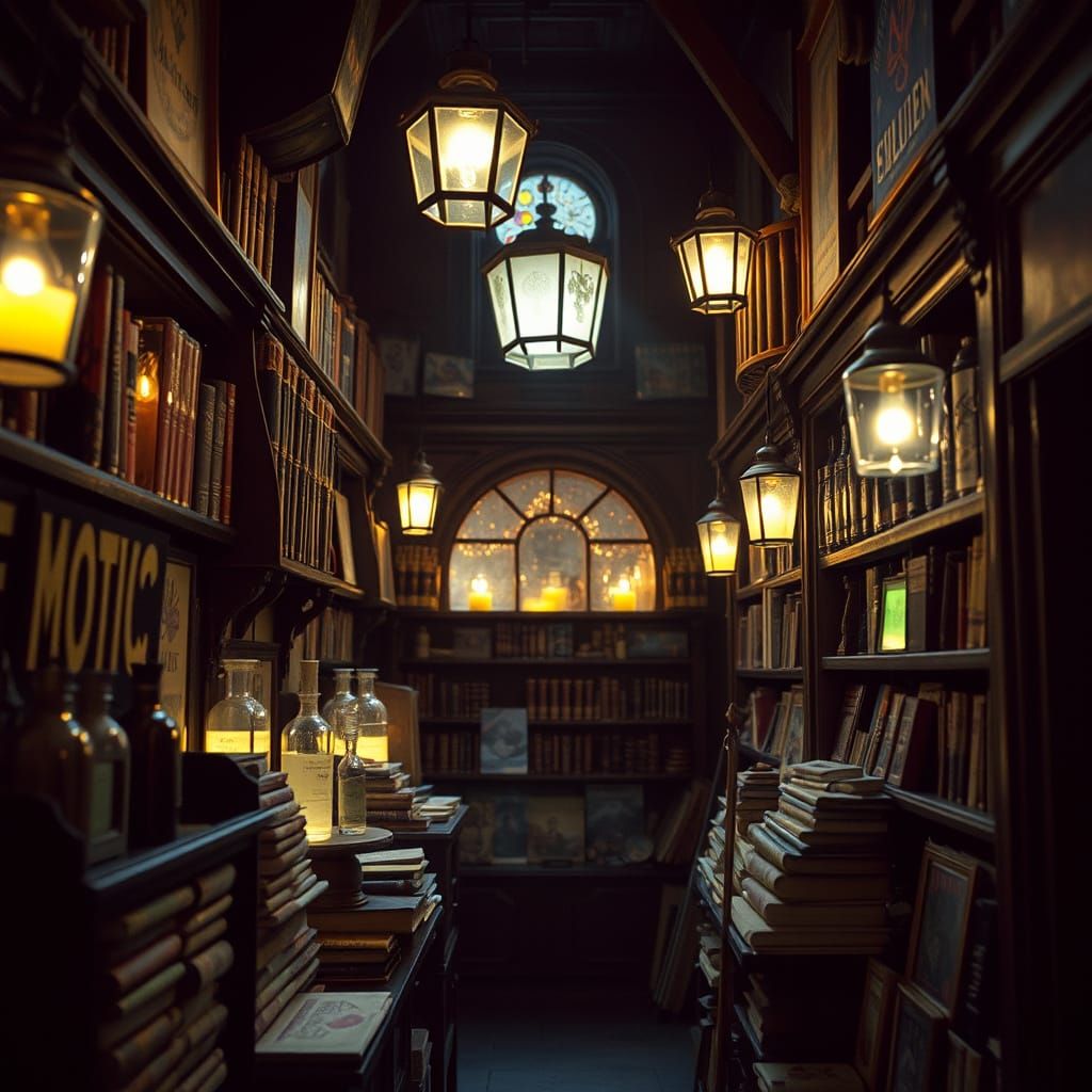 potions and spell books, inside the Magic shop on Diagon All...