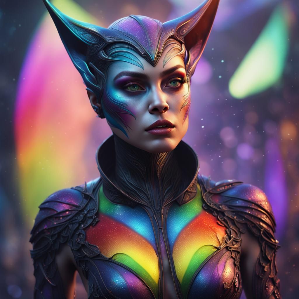 Rainbow Alien Cat-Woman: Detailed Fantasy Art