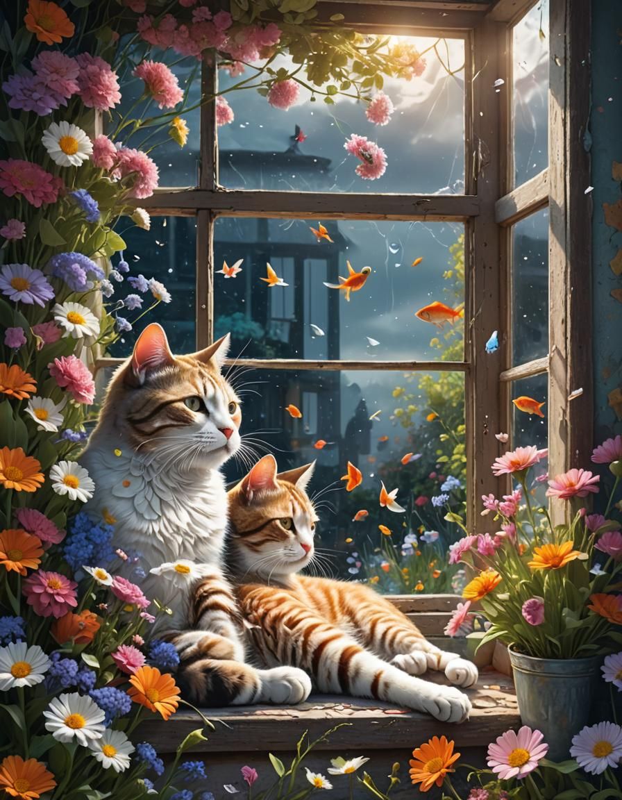 Cat Dreams of Fish: Double Exposure in Detailed Matte Painti...