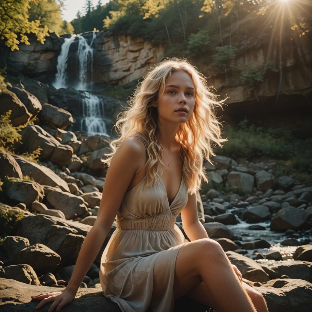 Nude Blonde Under Waterfall in Cinematic Style