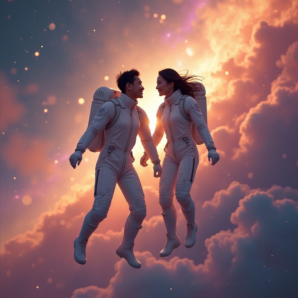 Asian Couple's Nebula Flight in Retro Sci-Fi Style