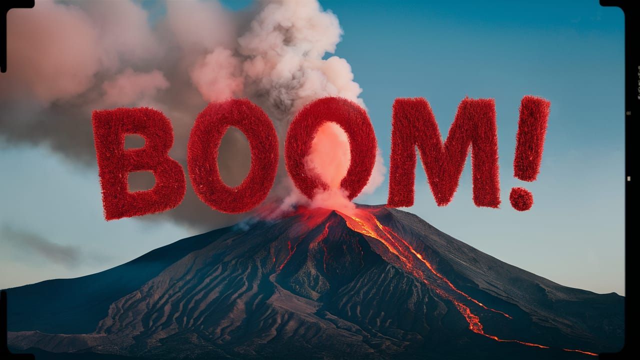 Fury Unleashed: 'Boom!' Etched in Volcanic Smoke Amid Red-Ho...