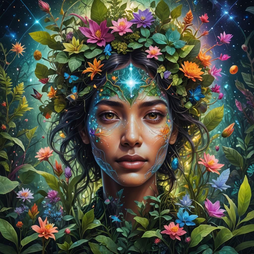 Capture the essence of a lush botanical environment with diverse inhabitants with a human face, macro photography