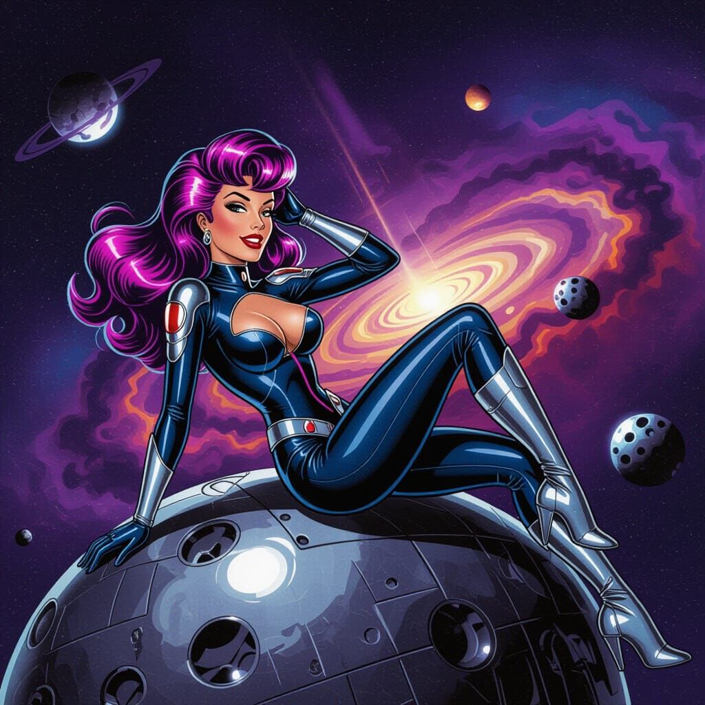 Retro Pin-Up Model in Spacesuit on Chrome Asteroid