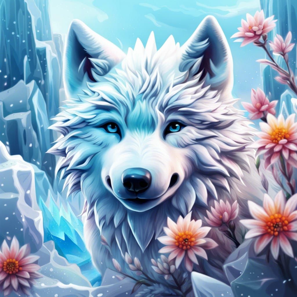 Cute Ice Wolf Cub in Snowy Mountain Scene